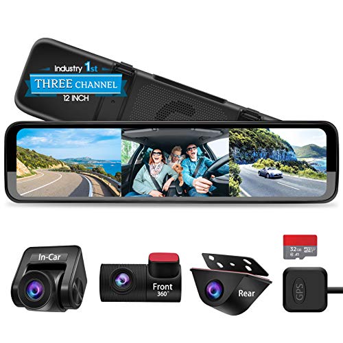 PORMIDO Dash Cam Specchietto,12 pollici 1296P Touch Screen con Fotocamera Anteriore e da Auto Staccata, Impermeabile Retrocamera Auto,Grandangolare 170°,Visione Notturna,GPS,Assistenza al Parcheggio