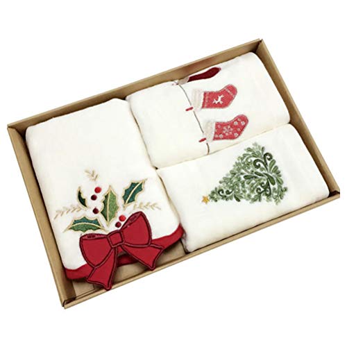 Prevessel - Set di 3 asciugamani natalizi in cotone, per bagno, cucina, con ricami in cotone, motivo natalizio ricamato, asciugamani per il viso, extra assorbente, 60 x 36 x 0,3 cm, confezione regalo