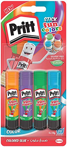 Pritt colle stick Fun Colors, colla colorata per bambini, per lavoretti e fai da te, Colla Pritt multicolore per applicazioni creative a casa e scuola, 4 colori in stick da 10g