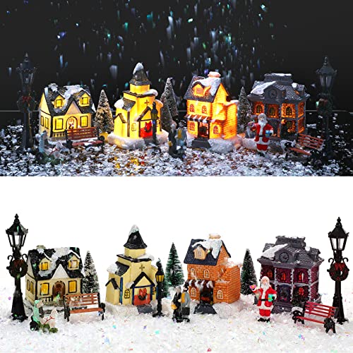 Queekay Set di 17 Villaggi di Natale Casette Luminose a LED con Figurine in Resina Mini Alberi di Natale Edifici da Collezione con Luci Decorazioni Natalizie in Miniatura Accessori per Interno