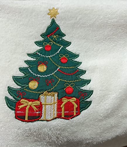 RICAMI FIORENTINI BALDI Idea Regalo Natale. Set 2 Asciugamani Viso + ospite, Spugna di Cotone 100% con Ricamo Natale. Made in Italy (Bianco - Albero Oro)
