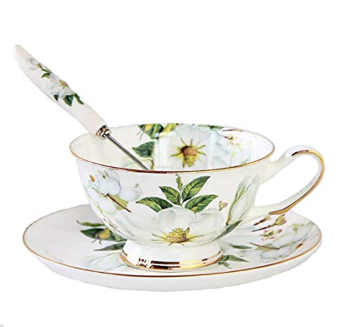 Set da tè vintage in porcellana pregiata Bone China, con cucchiaino, tazza da tè e piattino, con rifiniture dorate, per la decorazione della tavola White Camellia