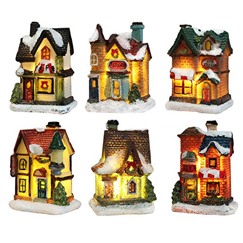 Set di 6 decorazioni natalizie a forma di villaggio natalizio con illuminazione, a batteria, 4 x 6,5 x 9 cm