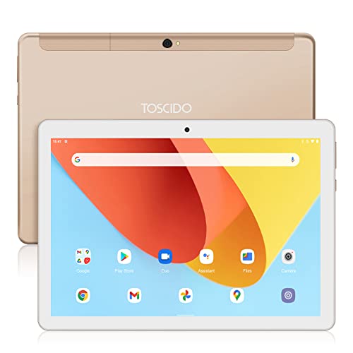 Tablet 10 Pollici WiFi offerte-TOSCiDO Android 10 Tablets 4G LTE Tab HD,Octa-Core,Doppio SIM,4GB RAM e 64GB(Espandibile da 512 GB SD),Doppia fotocamera,Doppi altoparlanti,Bluetooth,GPS,Tipo-C – Gold