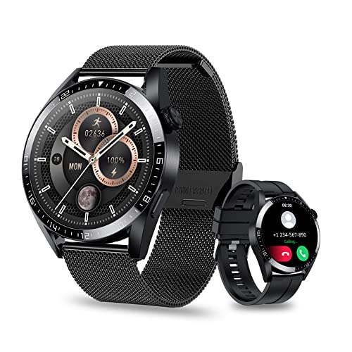 Voigoo Smartwatch Uomo Orologio Fitness Chiamata Bluetooth,360*360 Risoluzione ,Smart Watch Cardiofrequenzimetro da Polso Contapassi Smartband Activity Tracker Cronometro per Android iOS (2 cinghie)