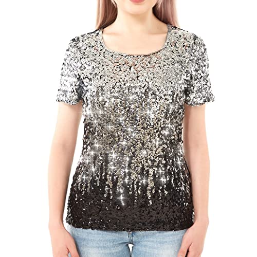 WILLIAMHUA T-Shirt con Paillettes Maglietta da Donna Tshirt Luccicanti impreziosita Top (L, Nero)