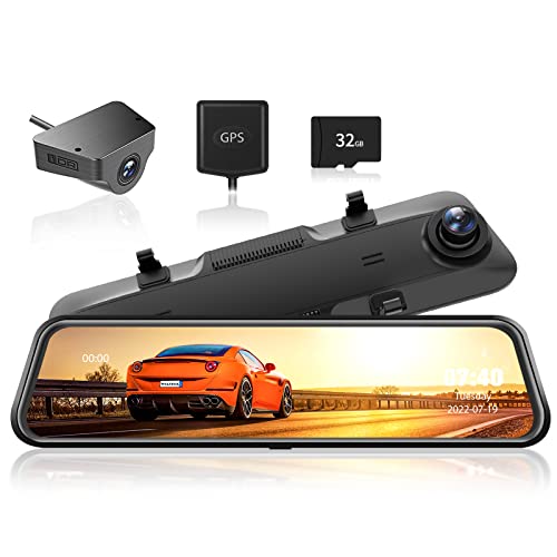 WOLFBOX 2.5k Dash Cam Specchietto da 12  Touchscreen, Doppia Telecamera per Auto,170°+140°,G-Sensor, Registrazione Loop, Visione Notturna, Monitor Parcheggio (Con Scheda da 32 GB & GPS)