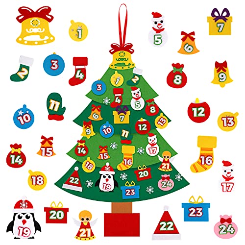 Yodeace Albero Natale Feltro , 100 cm Albero di Natale in Feltro per Bambini con 33 Addobbi DIY Calendario dell Avvento Feltro 2021 per Bambini