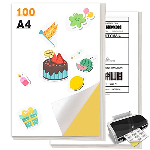 100 Fogli A4 Adesivi Bianco, Etichette Adesive A4, Carta Adesiva per Stampante, Laser Carta Adesiva per Stampante Etichette, 210 x 297 mm, 1 etichette foglio, Bianca