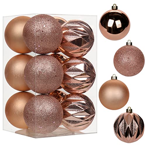 12 palline di Natale natalizie con corde, 80 mm, in plastica infrangibile in oro rosa da appendere, ciondoli per albero di Natale, per casa, feste, matrimoni, vacanze