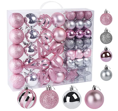 60 Pezzi Palle per Albero di Natale. Decorazione Glitter in Color Rosa e Argento in Plastica, con Stella, Catena, Scatola, Addobbi Appesi