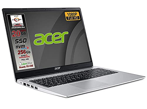 Acer aspire SSD Silver New Athlon 3050u, ram 20 GB ddr4, SSD M.2 pci da 256Gb, Display Full HD da 15,6, Web Cam, wi-fi, hdmi, bt, win10 pro, Libre Office, preconfigurato e pronto all uso, gar. italia
