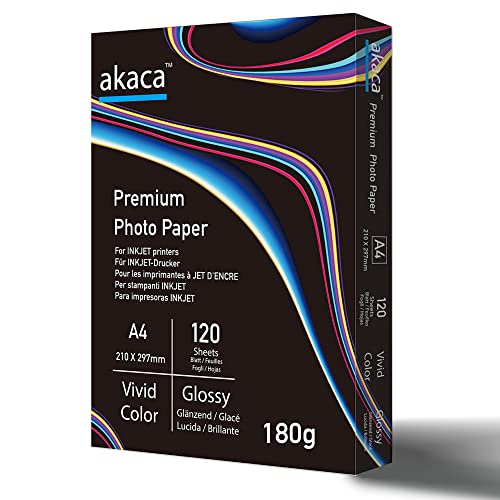 akaca Carta Fotografica Lucida Premium Glossy Photo Paper, A4 (210 x 297 mm), 120 Fogli, 180g, per Tutte Stampanti A Getto d inchiostro