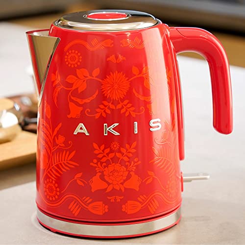 AKIS La Fête Design bollitore elettrico in acciaio inox 1,7 l, 2400 W, con filtro anticalcare vintage (rosso con motivo floreale)