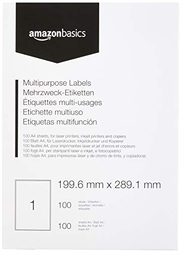 Amazon Basics - Etichette Multiuso, 199.6mm x 289.1mm, 100 fogli, 1 etichette per foglio, 100 etichette