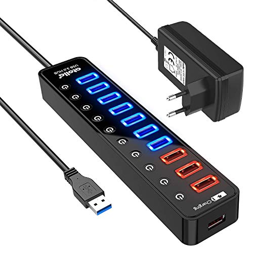 Atolla - Hub USB 3.0, multipresa 11 porte USB, 7 porte per trasferimento dati 5 Gbps, 4 porte di ricarica intelligente con switch e LED di alimentazione individuali e adattatore 12 V 4 A