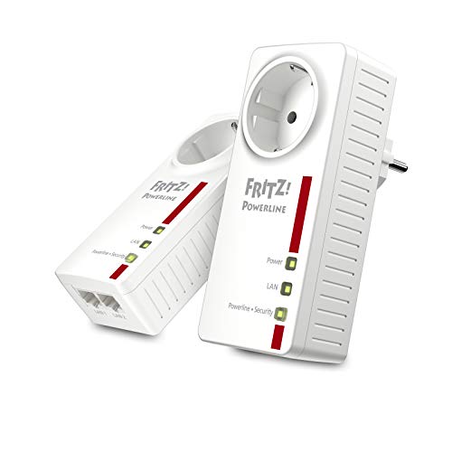 AVM FRITZ!Powerline 1220E Set Kit di 2 Adattatori con Presa Passante, Fino a 1200 Mbps, 2 Porte LAN Gigabit, Plug and Play, Eco Mode, Istruzioni in Italiano