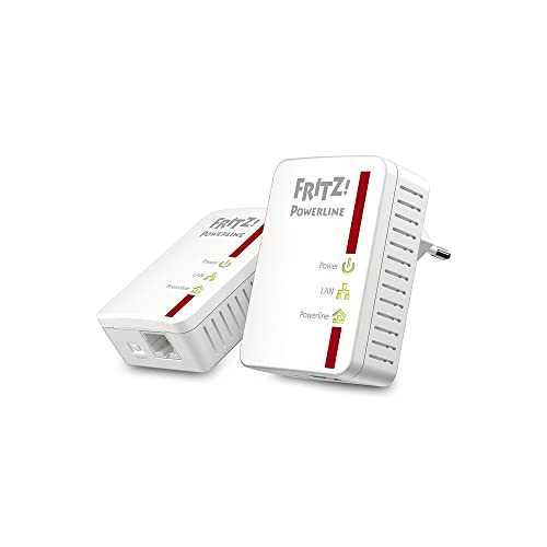 AVM FRITZ! Powerline 510E Kit di 2 Adattatori, Fino a 500 Mbit s, Porta Fast Ethernet, Plug and Play, Eco Mode, Istruzioni in Italiano, Bianco Rosso
