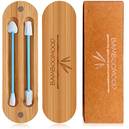 Bamboomood - Boccioli di cotone riutilizzabili per orecchie, ecologici, con custodia magnetica in bambù da viaggio, lavabile, tamponi di cotone, colore: Blu