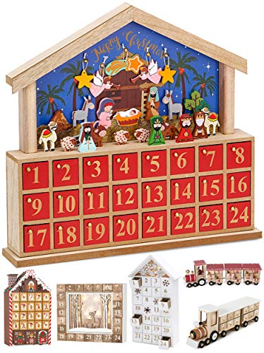 Brubaker Calendario dell Avvento in Legno a Forma di Casa, Che Rappresenta Il Presepe con I Suoi Personaggi - Blu Rosso - 34,5 x 32 x 6 cm