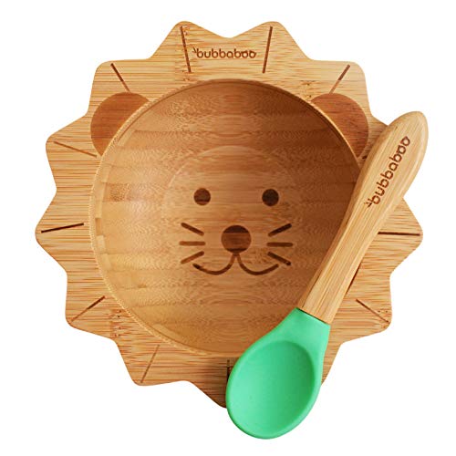 Bubbaboo - Set di ciotole e cucchiaio, in bambù, motivo: leone, colore: Verde