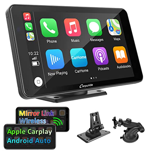 CARPURIDE Senza Fili Autoradio, Portatile Lettore Video per Auto con Cruscotto Wireless Carplay & Android [7 pollici] con FM  GPS Navigazione Vivavoce Bluetooth 5.0  Mirrorlink  Siri
