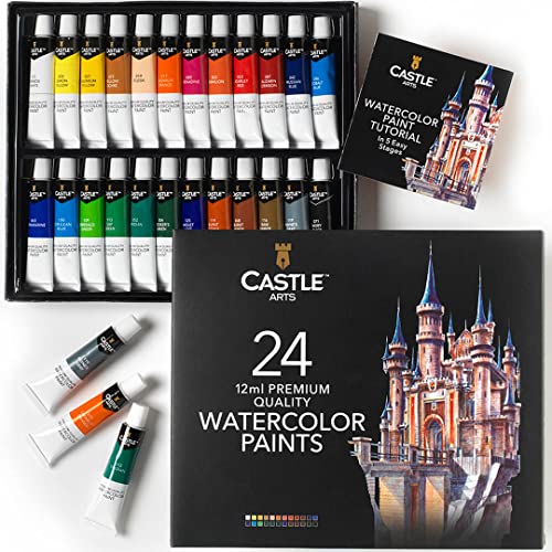 Castle Art Supplies Set Vernici per Acquerello in Tubetti 24 x 12 ml | Per Artisti Adulti | Colori Intensi | Spremi il Tubetto, Mescola il Colore con l’Acqua e Sfoga la Tua Creatività | In Cofanetto