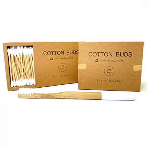 Cotton Fioc Bambù e Cotone - 400x Bastoncini 100% biodegradabili vegano - Zero plastica - 2 scatole in cartone riciclato da 200 pz. Ecologico + SPAZZOLINO OMAGGIO