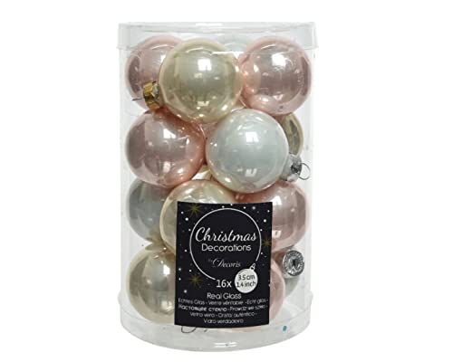 Decoris - Palline per albero di Natale in vetro, palle di Natale decorative, 35 mm x 16 pezzi, colore rosa e bianco perla