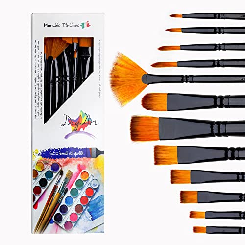 DigArt Pennelli per Dipingere Alta Qualità – Set Pennelli Pittura da 12 per Colori Acrilici, Acquerelli e Colori ad olio - Marchio Italiano