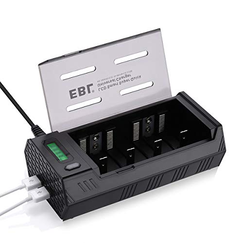 EBL 908 Caricabatterie Universale per AA e AAA C D e 9V Ni-MH Batterie Ricaricabili,Caricatore Batterie con LCD Display Retroilluminato
