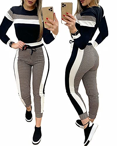 Geagodelia Tuta Elegante Donna Autunnale e Invernale, Completo Sportivo da Donna Design Unico Set di Pantaloni 2 Pezzi Pullover + Pantaloni Lunghi S-XL (Nero-Manica Lunga, X-Large)