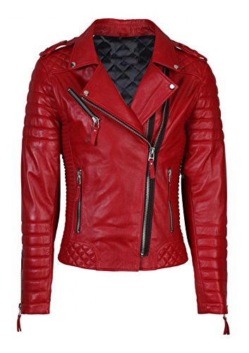Giacca da motociclista in pelle nera vintage da donna - Giacca da motociclista alla moda - Giacca in pelle da donna, Rosso-Donna Pelle Trapuntata, XL