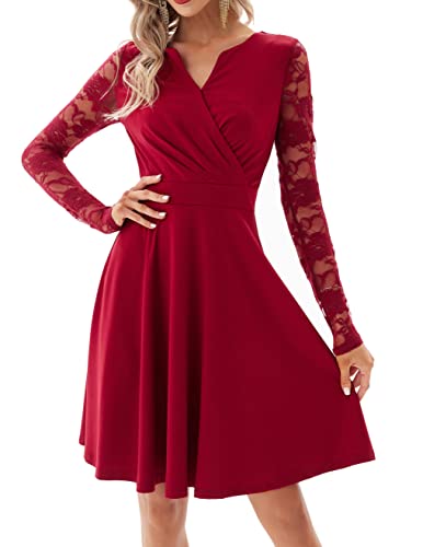GRACE KARIN Abito Cerimonia Donna Elegante Rosso Manica Pizzo Corto con Eleganti Vestito Cintura Design Pieghe M
