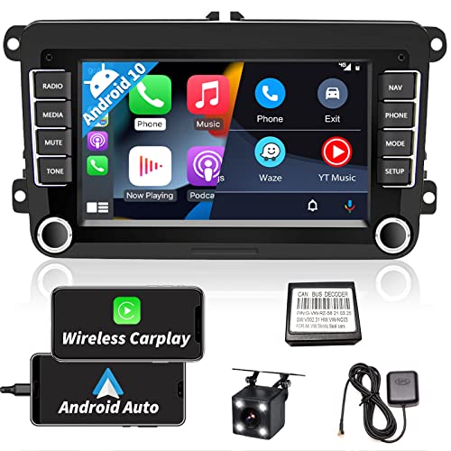 Hikity 7 Pollici RDS Autoradio Android con Wireless Carplay Android Auto per VW Golf 5 6 Tiguan Autoradio 2 Din con Navi Retrocamera Stereo Auto Bluetooth con Schermo FM BT USB SWC WiFi Canbus
