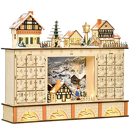 homcom Calendario dell Avvento in Legno con 24 Cassetti da Riempire, Decorazione con Villaggio di Natale e Luci, 44x10x37cm