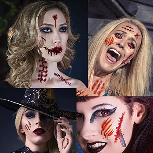 iXGLL Decoration Tatuaggi temporanei (10 Diversi Fogli di Design), Halloween Zombie Scars Tatuaggi Adesivi con Falso Scab Sangue Speciale FX Puntelli per Il Trucco del Corpo