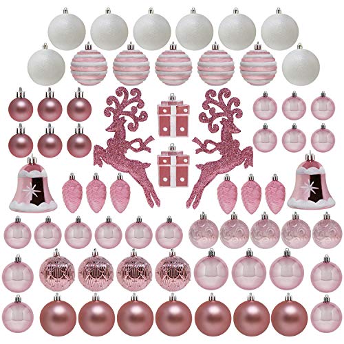 Joiedomi, 66 decorazioni natalizie assortite in oro rosa, infrangibili, decorazioni natalizie per feste, decorazioni per alberi, eventi e Natale.