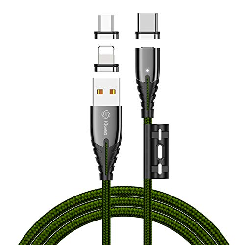 Kiwea, cavo di ricarica USB magnetico 3 in 1, fino a 480 MBit s, 1,2 metri, cavo di ricarica rapida con LED fino a 3 A con 3 adattatori per USB tipo C Micro USB Lightning