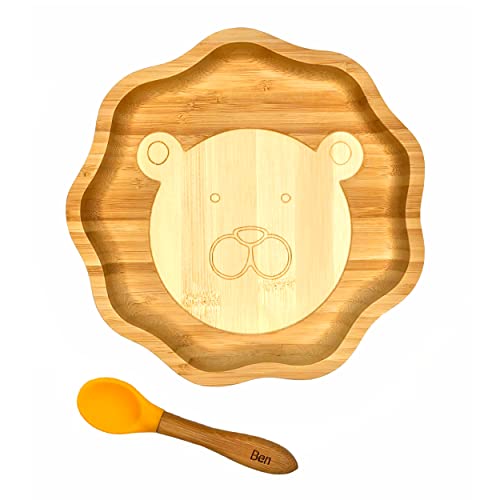 Kleiner Fuchs Piatto per bambini in bambù con ventosa antiscivolo incl. cucchiaio per bambini abbinato | Piatto svezzamento (Leone)