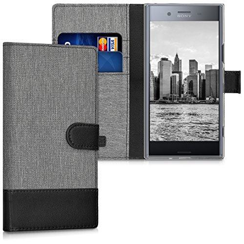 kwmobile Custodia Compatibile con Sony Xperia XZ Premium Cover Portafoglio - Case Chiusura Magnetica Portacarte Tessuto Similpelle Grigio Nero