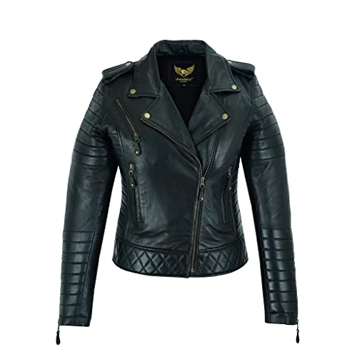 Leatherick Giacca da motociclista da donna in pelle di pecora di alta qualità, con cerniera nera, con tasche multiple, Nero , XL