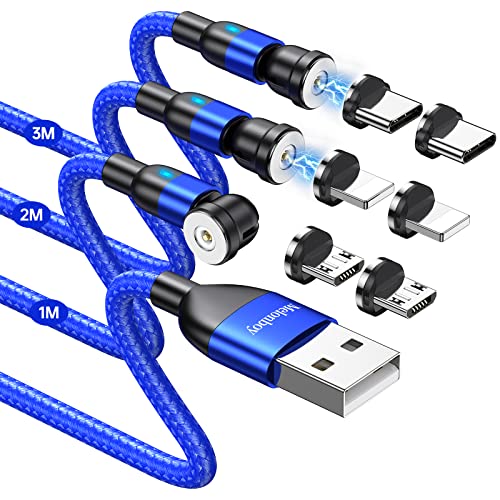 Melonboy Cavo Magnetico USB [1m+1m+2m+2m], 3 in 1 Rotante di 360°+180° Cavo USB Magnetico Treccia di Nylon Cavo di Ricarica Magnetico compatibile con Micro USB Tipo C i-P (Blue)
