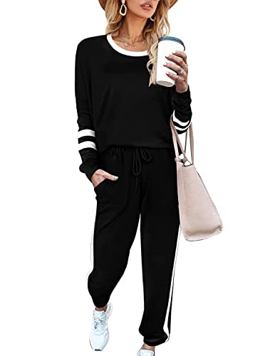 MUMZUGI Tuta Donna Sportivi Completi Due Pezzi Maglietta Manica Lunga Pantaloni Lunghi Sportswear Pigiama Set da Casa Nero M