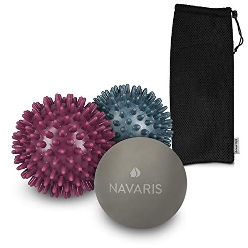 Navaris Sfere da massaggio 3 palline - Set 2x palle massaggianti a riccio 1x sfera Lacrosse - Automassaggio schiena gambe piedi Trigger Point