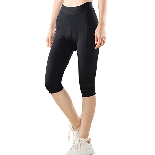 Pellor - Pantaloni lunghi da ciclismo da donna, a 3 4, imbottiti, traspiranti, con imbottitura 4D e tasche, Nero , M