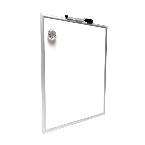 Raylu Paper - Lavagna bianca magnetica piccola con cornice in alluminio per casa e ufficio, include pennarello nero con gomma, magnete e cuscinetti per montaggio a parete (35 x 28 cm)