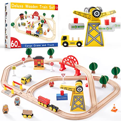 Tiny Land Pista Treno in Legno e Gru e Set Ferrovia in Legno (60 PCS) Pista Macchinine Giochi Legno Bambini Trenino Natale