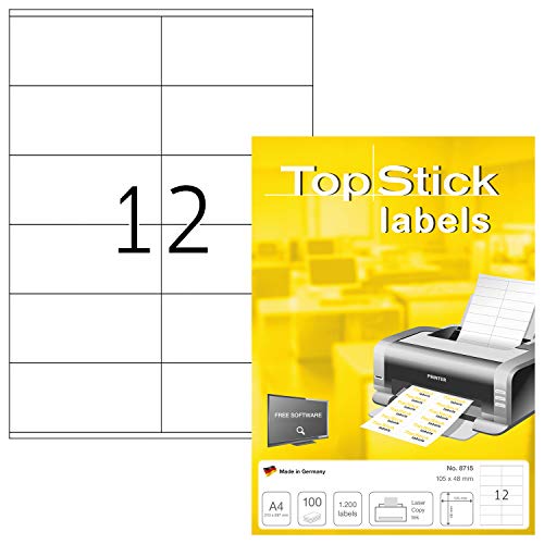 TopStick Etichette Universali, 105 x 48 mm, Etichette Adesive A4 per Stampante, 12 Etichette per Foglio, Bianco
