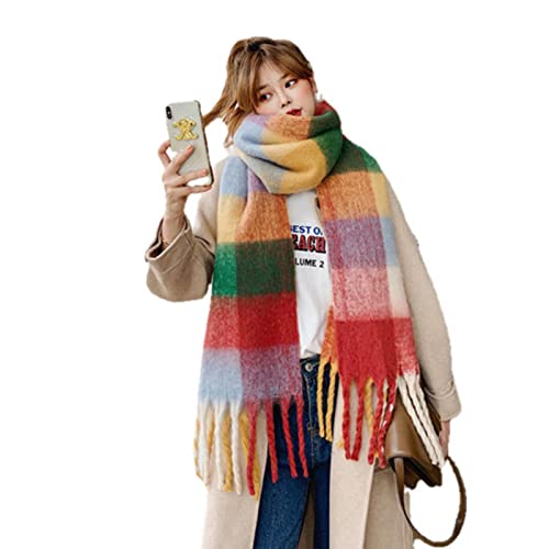 UKKO Sciarpa da Donna Inverno Cashmere Plaid Nastri Scialle Spessore Treccia Arcobaleno Plaid Color Matching Sciarpa Donna